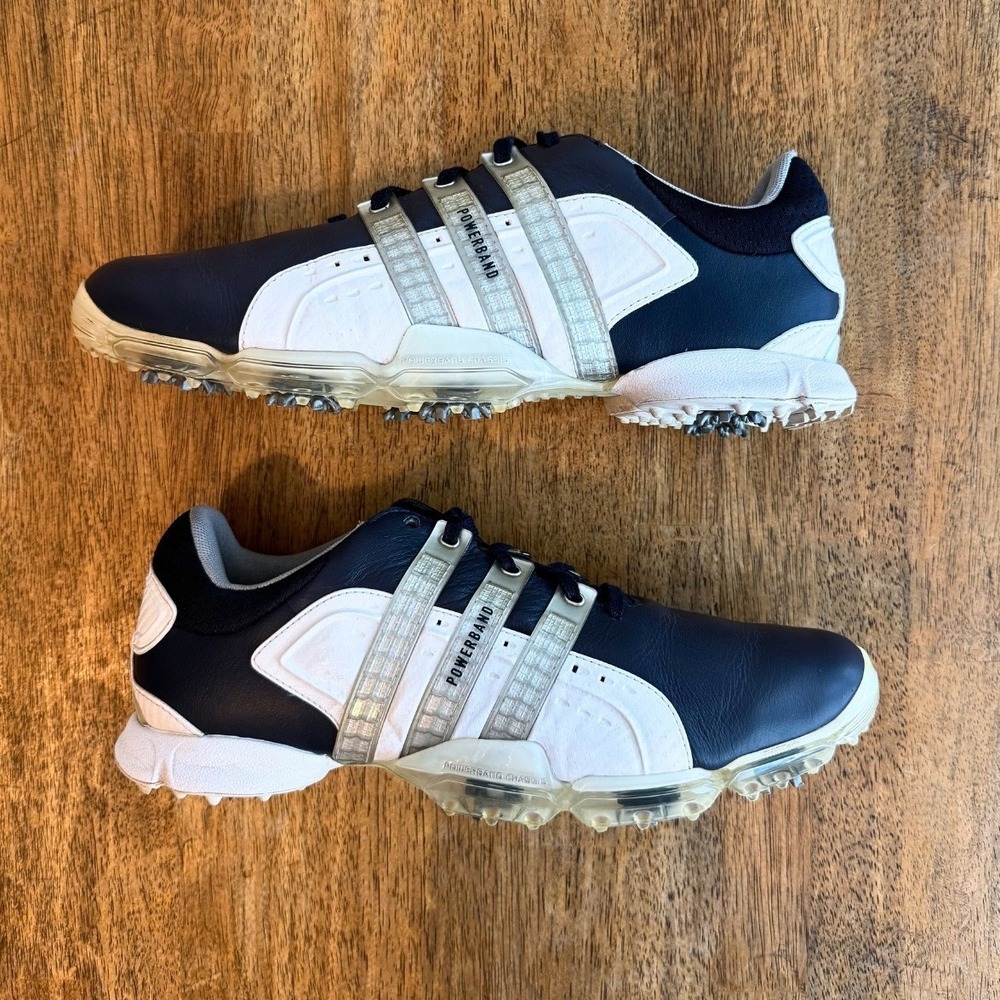 Adidas Powerband 3.0 Golf Shoes Mens 11 Navy Blue White Leather Gold Accents